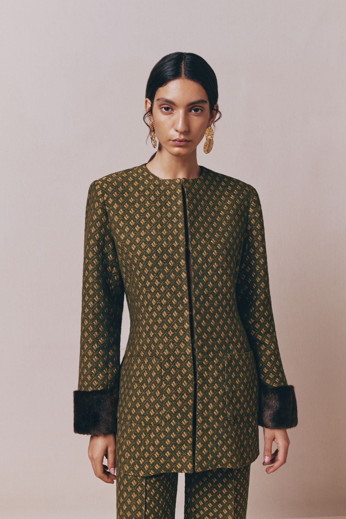 Structured Green Jacquard Long Jacket With Soft Faux Fur Cuffs