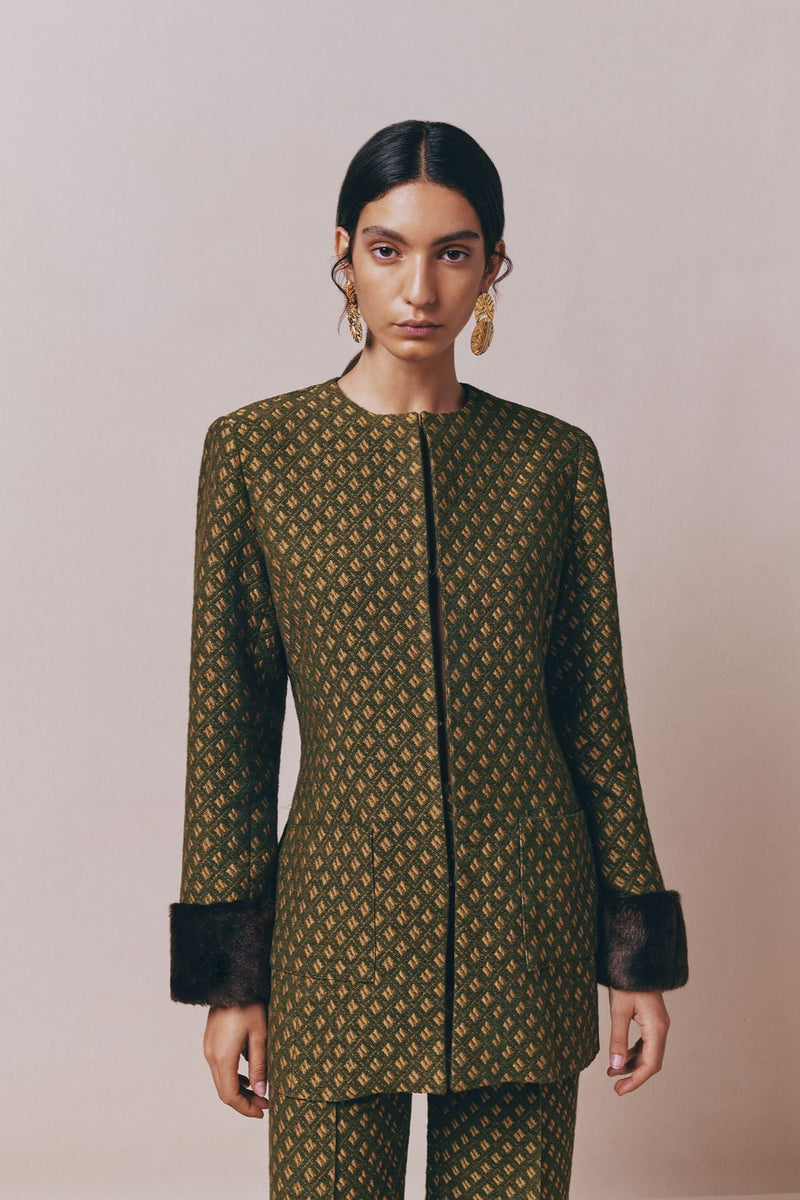 Structured Green Jacquard Long Jacket With Soft Faux Fur Cuffs