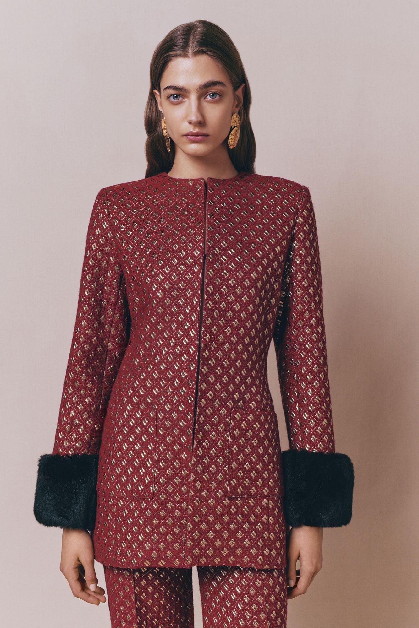 Structured Burgundy & Gold Jacquard Long Jacket With Soft Faux Fur Cuffs