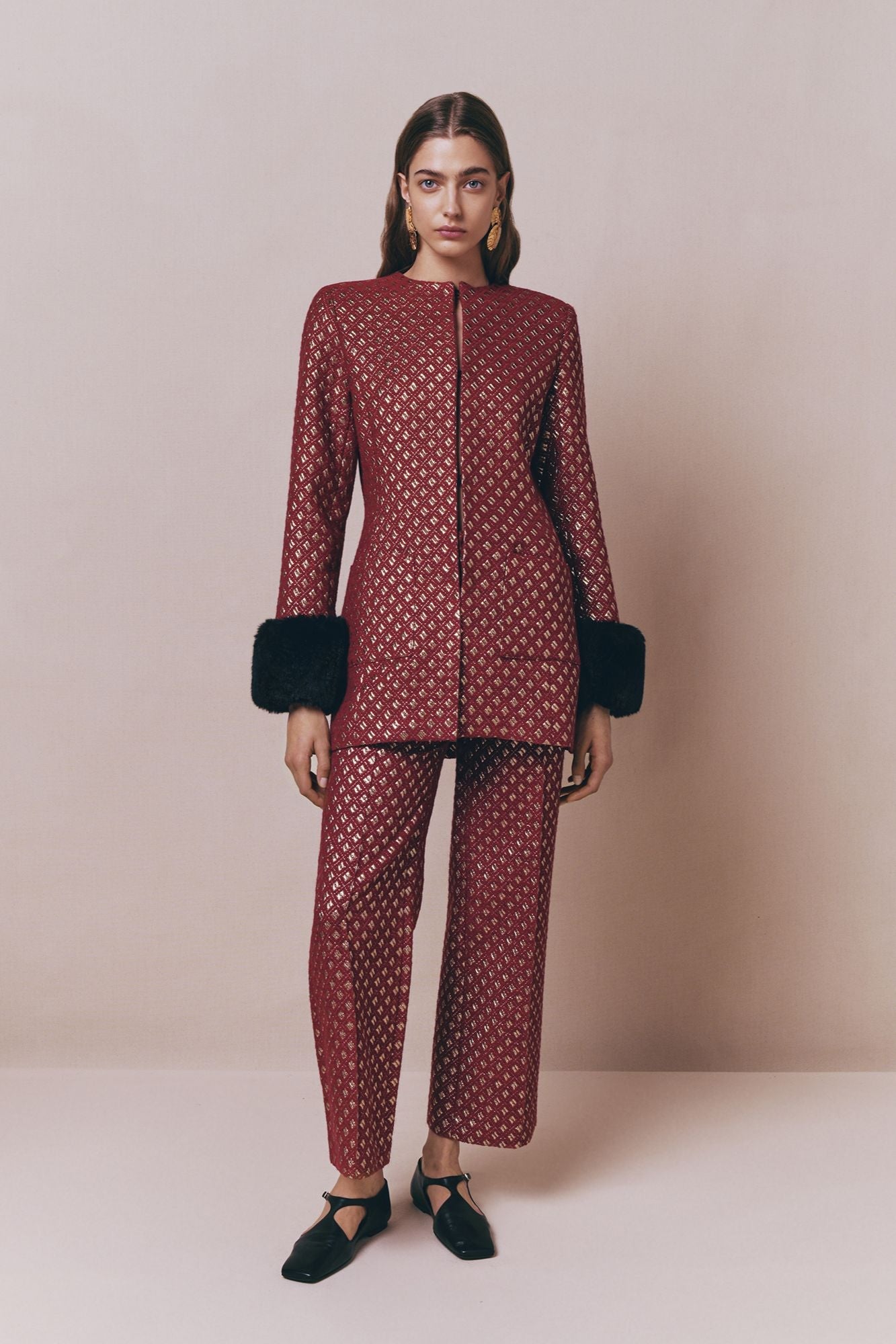 Burgundy Straight Pants With Golden Details