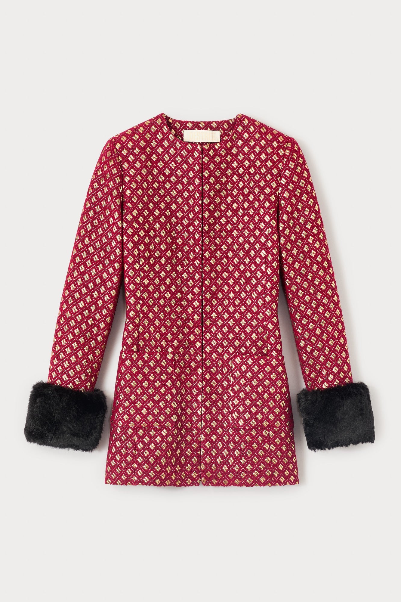 Structured Burgundy & Gold Jacquard Long Jacket With Soft Faux Fur Cuffs