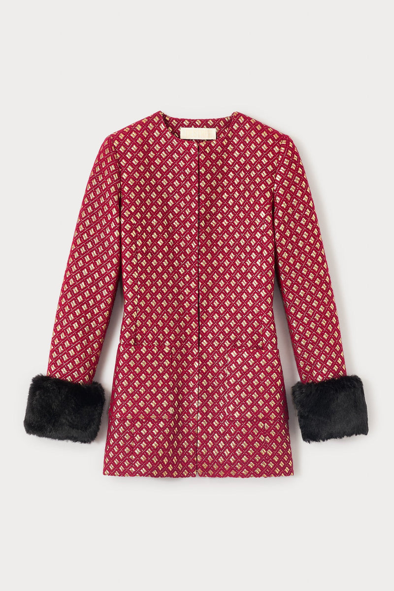 Structured Burgundy & Gold Jacquard Long Jacket With Soft Faux Fur Cuffs