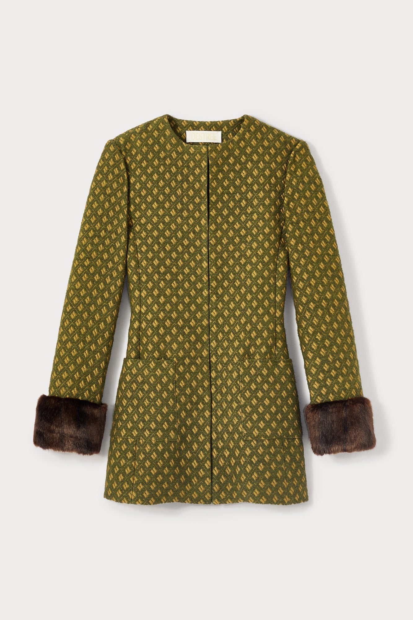 Structured Green Jacquard Long Jacket With Soft Faux Fur Cuffs