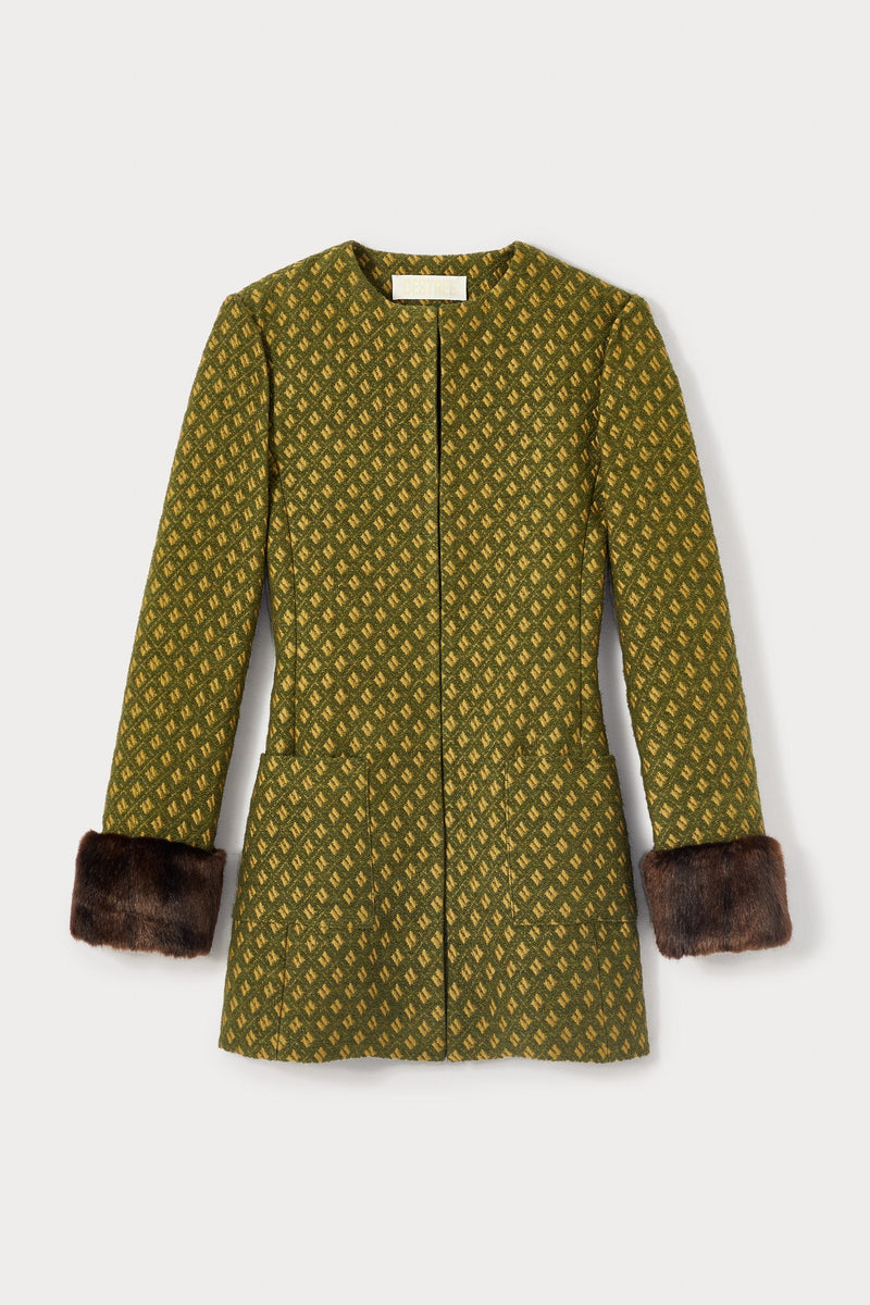 Structured Green Jacquard Long Jacket With Soft Faux Fur Cuffs