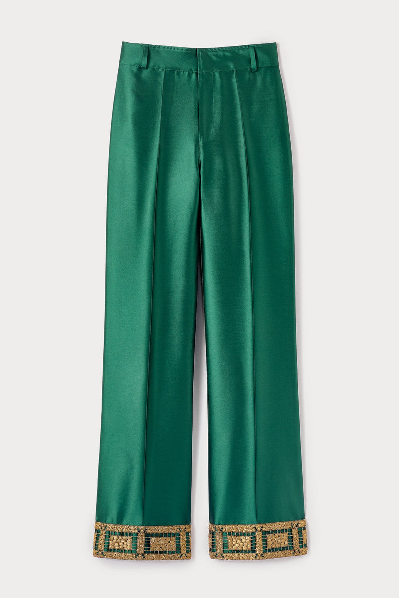 Forest Satin Straight Pants With Embroidered Details