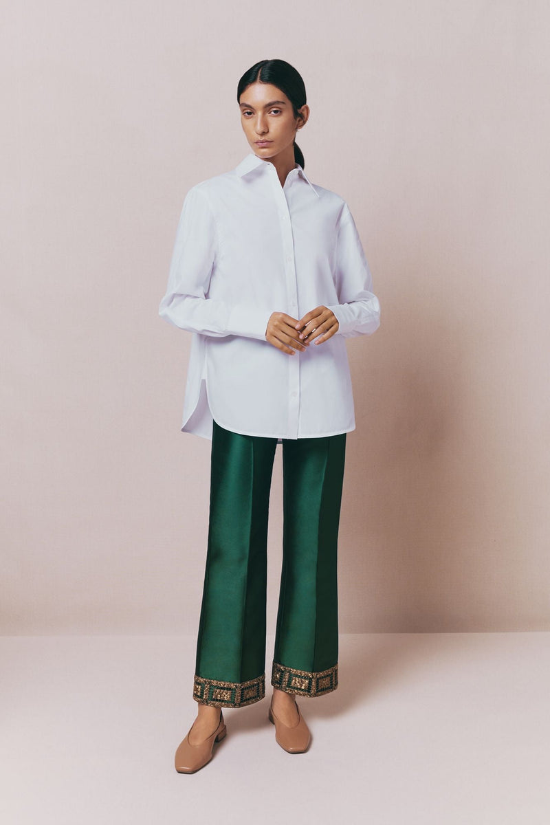Forest Satin Straight Pants With Embroidered Details