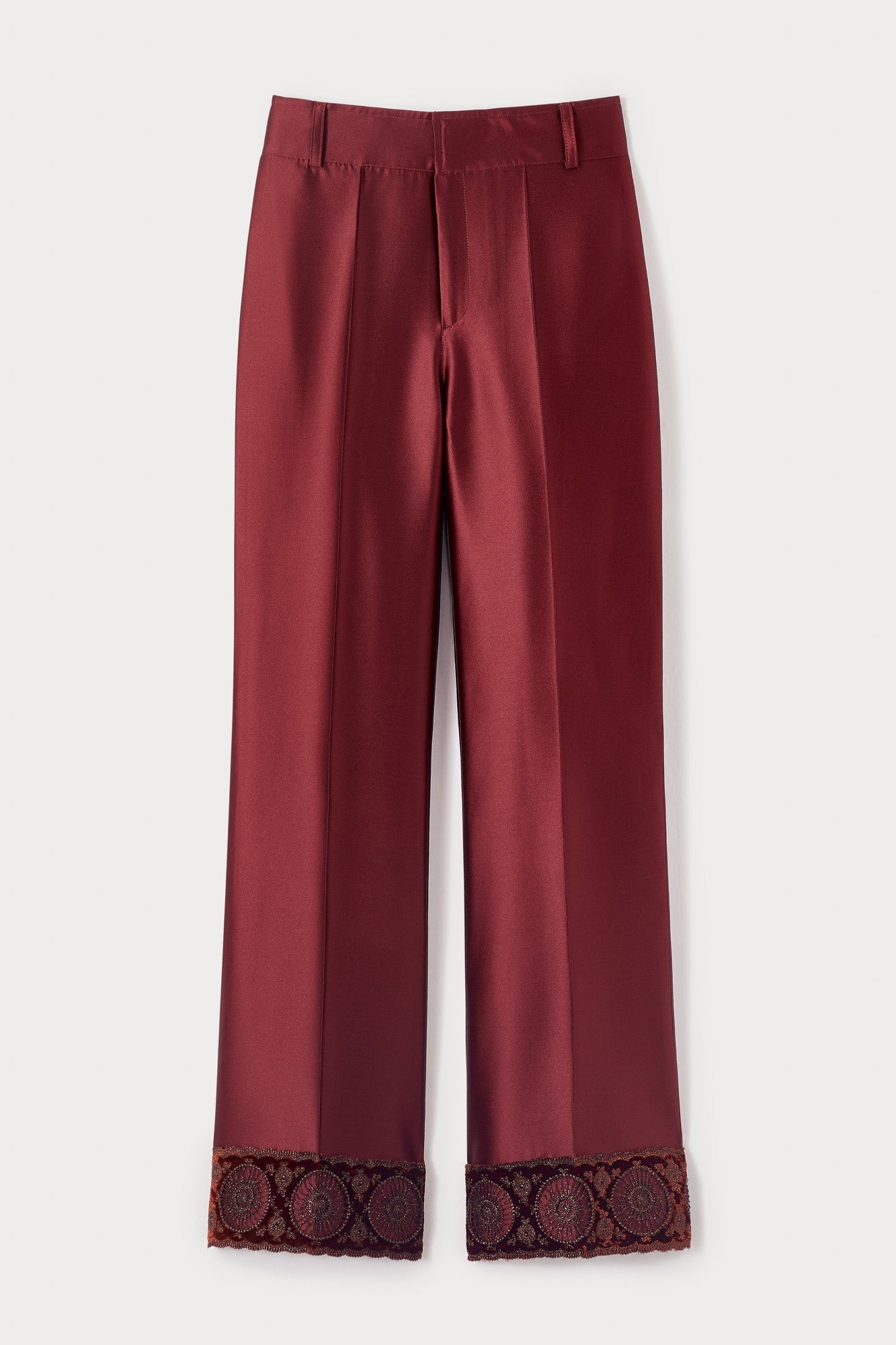 Burgundy Satin Straight Pants With Embroidered Details