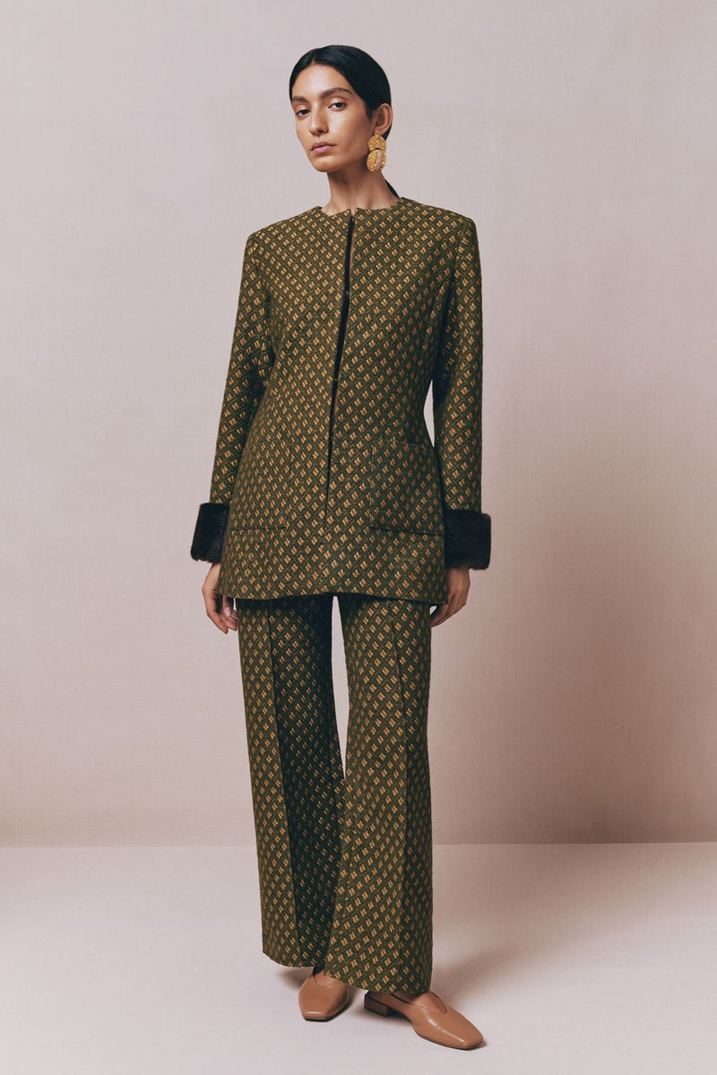 Green Jacquard Straight Pants