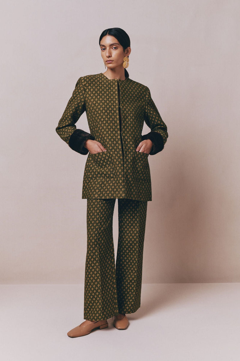 Structured Green Jacquard Long Jacket With Soft Faux Fur Cuffs