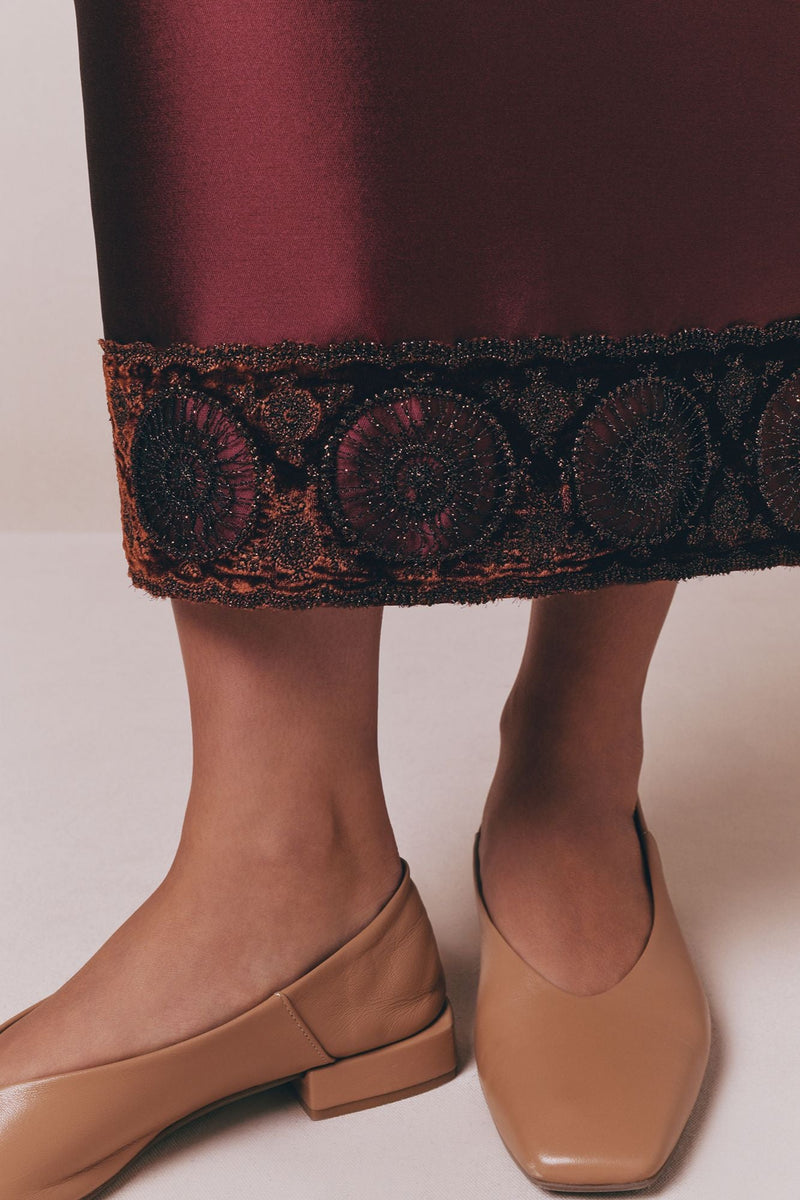 Burgundy Midi Skirt With Embroidered Details
