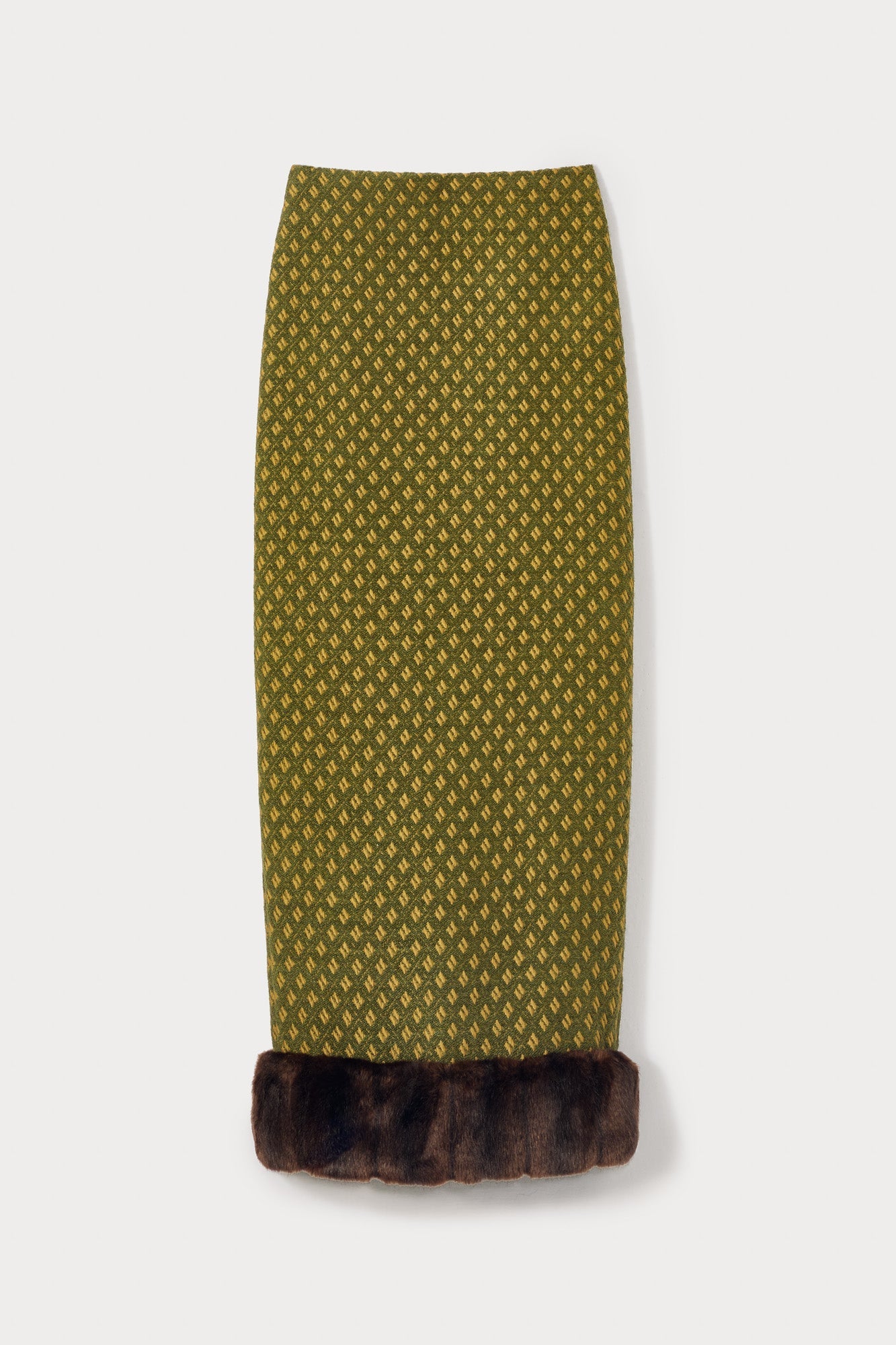 Green Jacquard Skirt With Faux Fur Trim