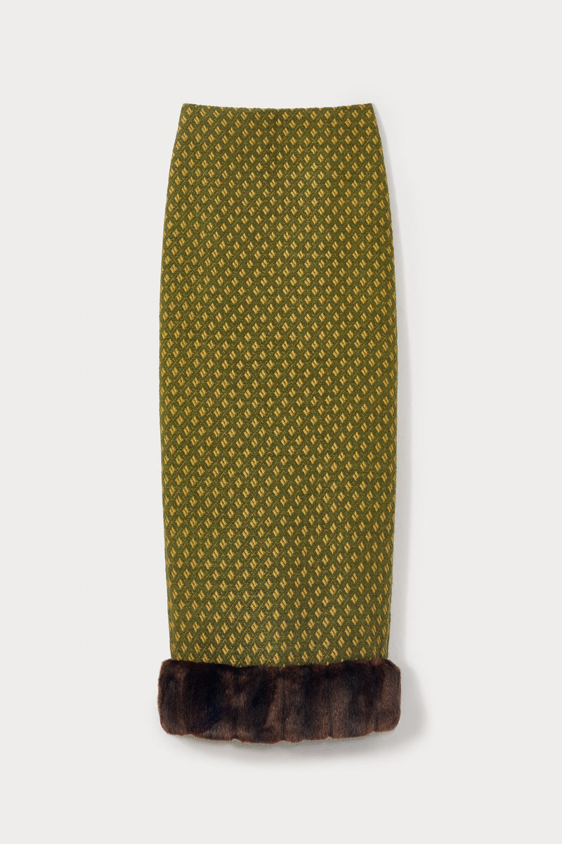 Green Jacquard Skirt With Faux Fur Trim