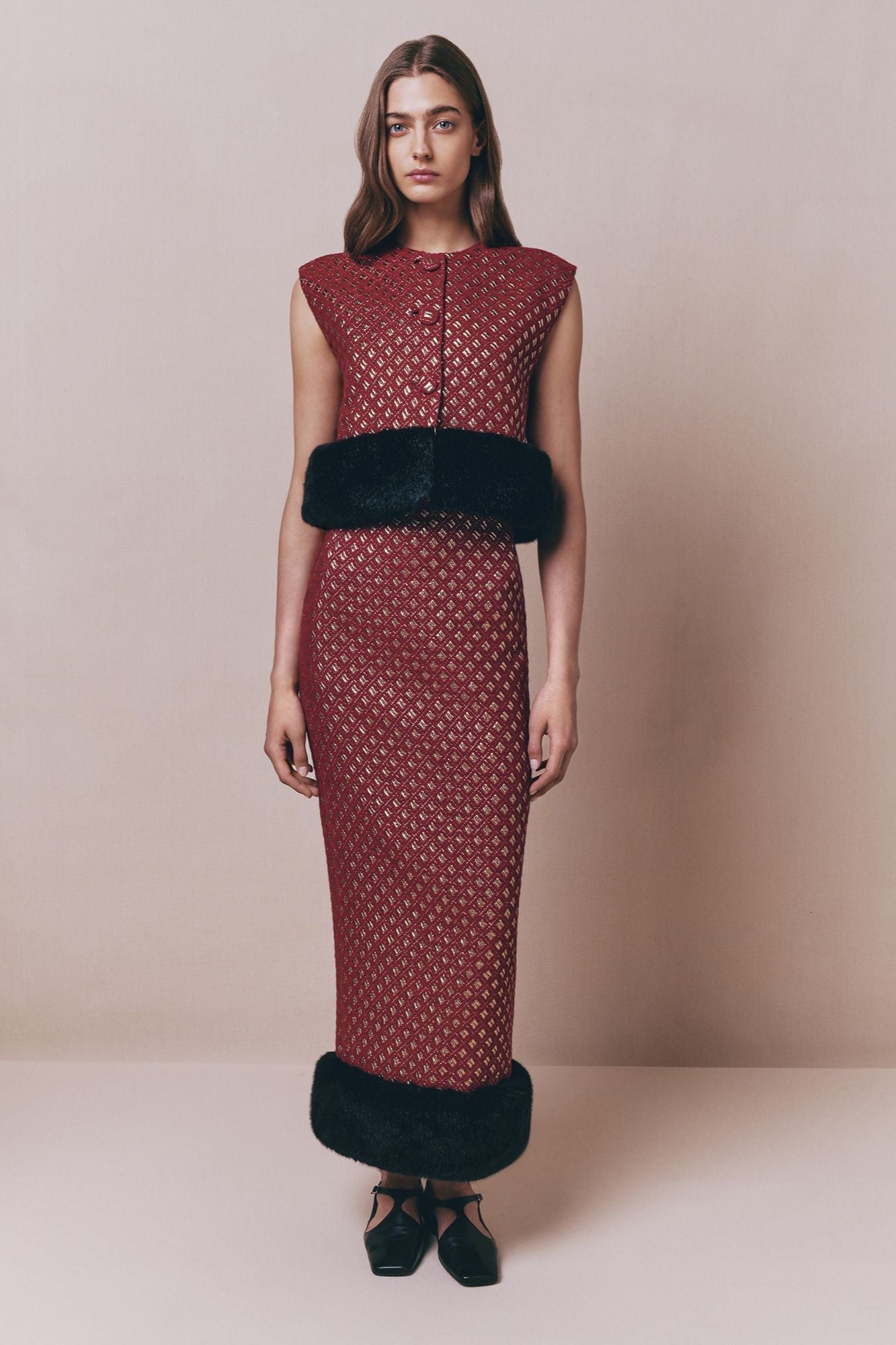 Burgundy & Gold Buttonned Wool Sleeveless Vest With Faux-Fur Hem