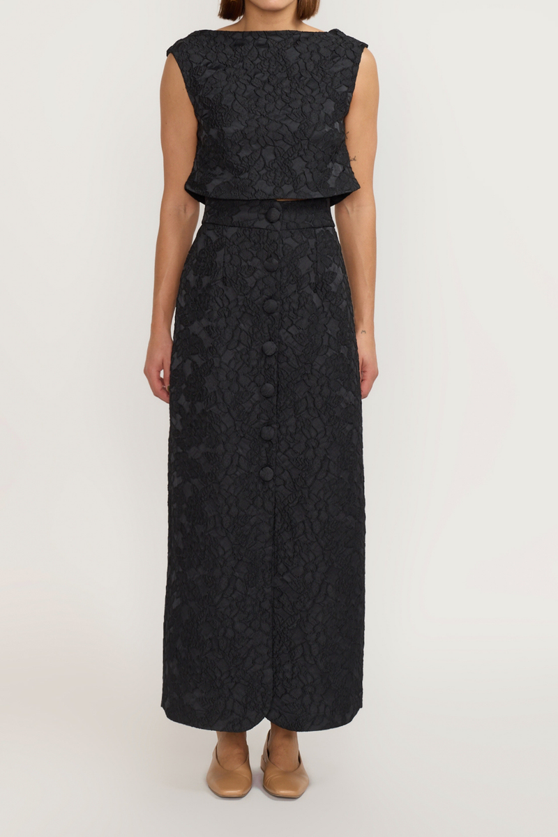 BLACK Embossed Button-Front Midi Skirt