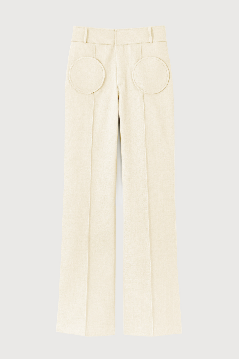 DENIM ECRU Flared Pants With Circular Pocket Details