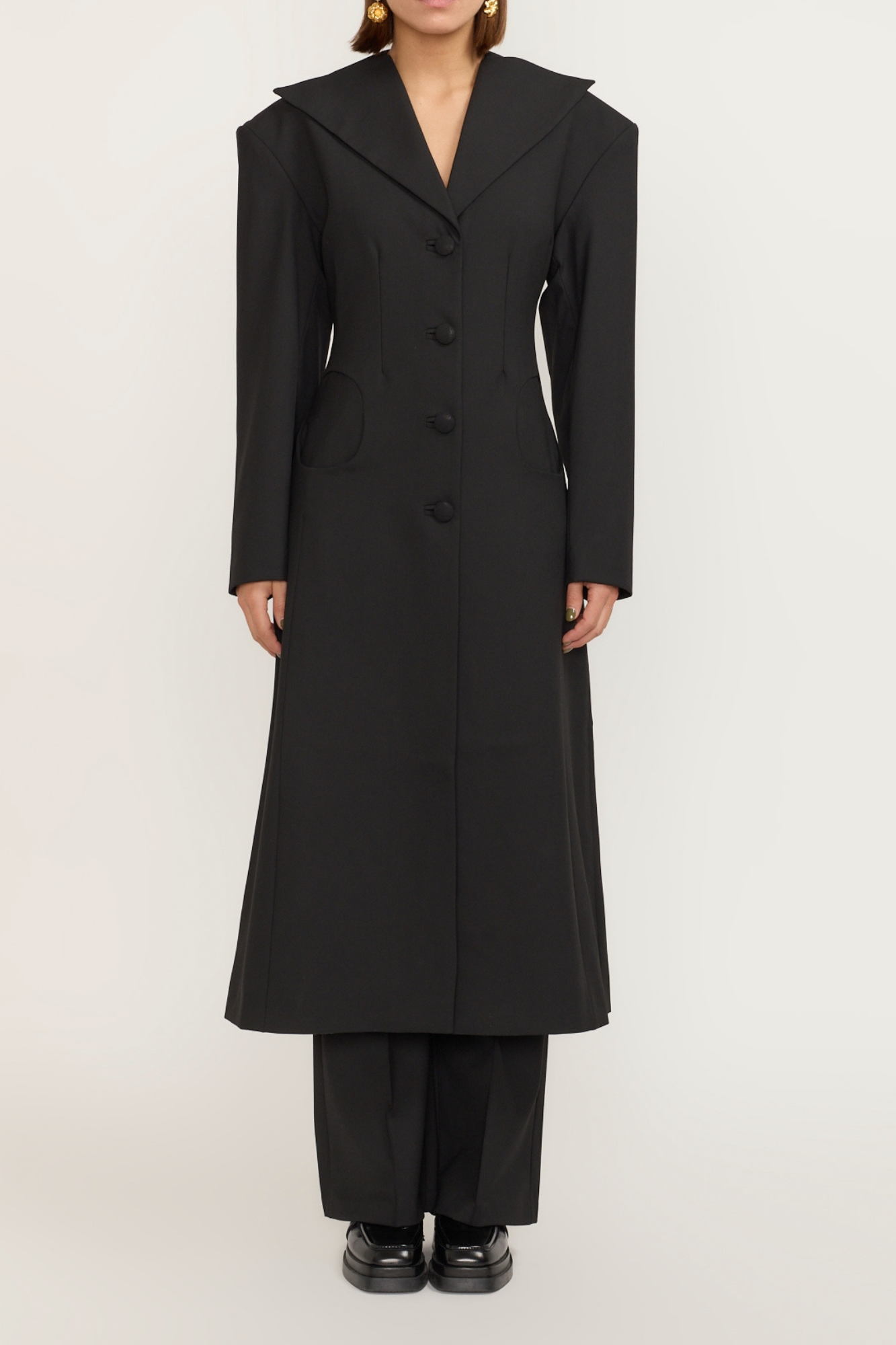 Tailor Black Long Coat With Shawl Collar and Button Details