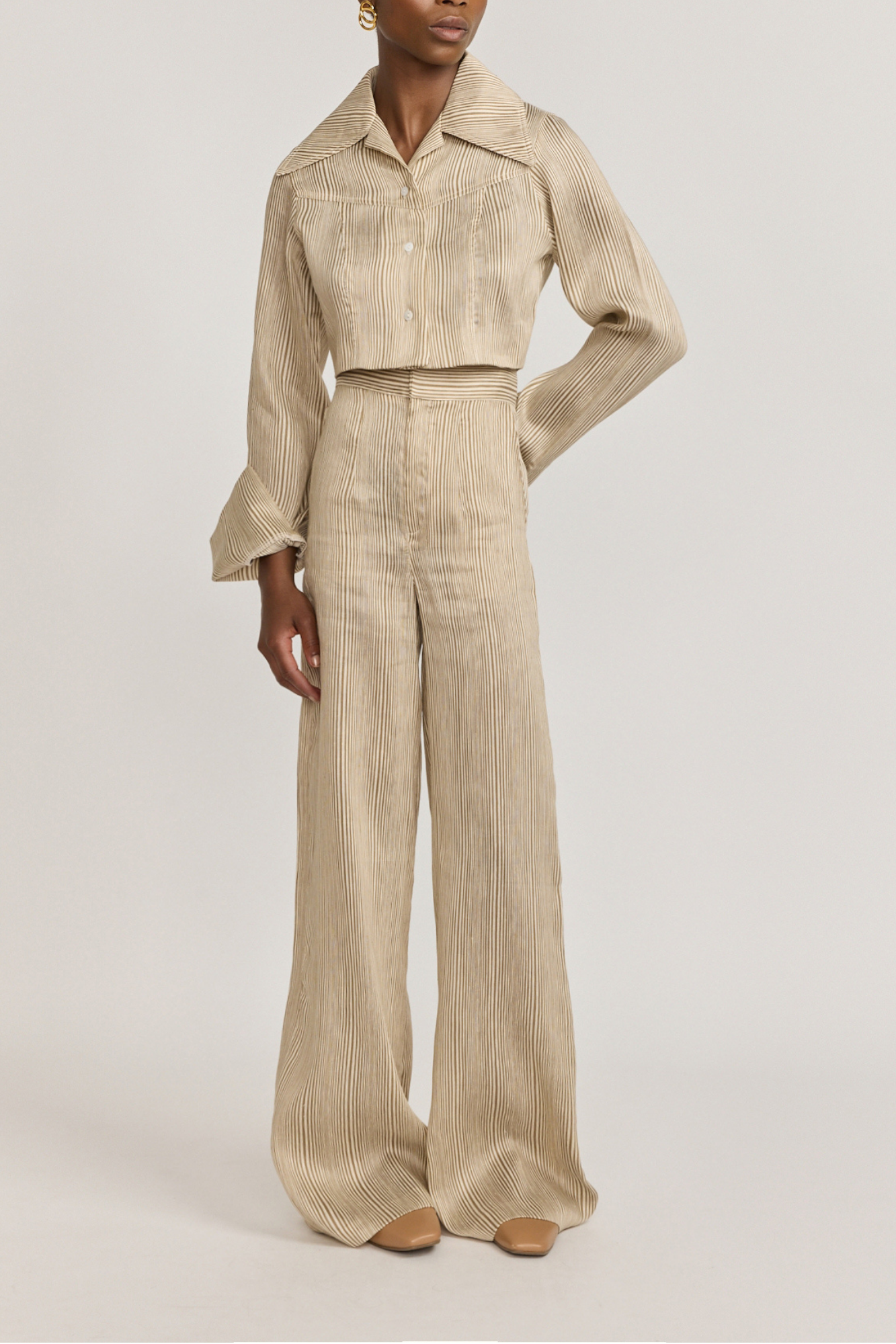 Beige Textured Wide-Leg Pants