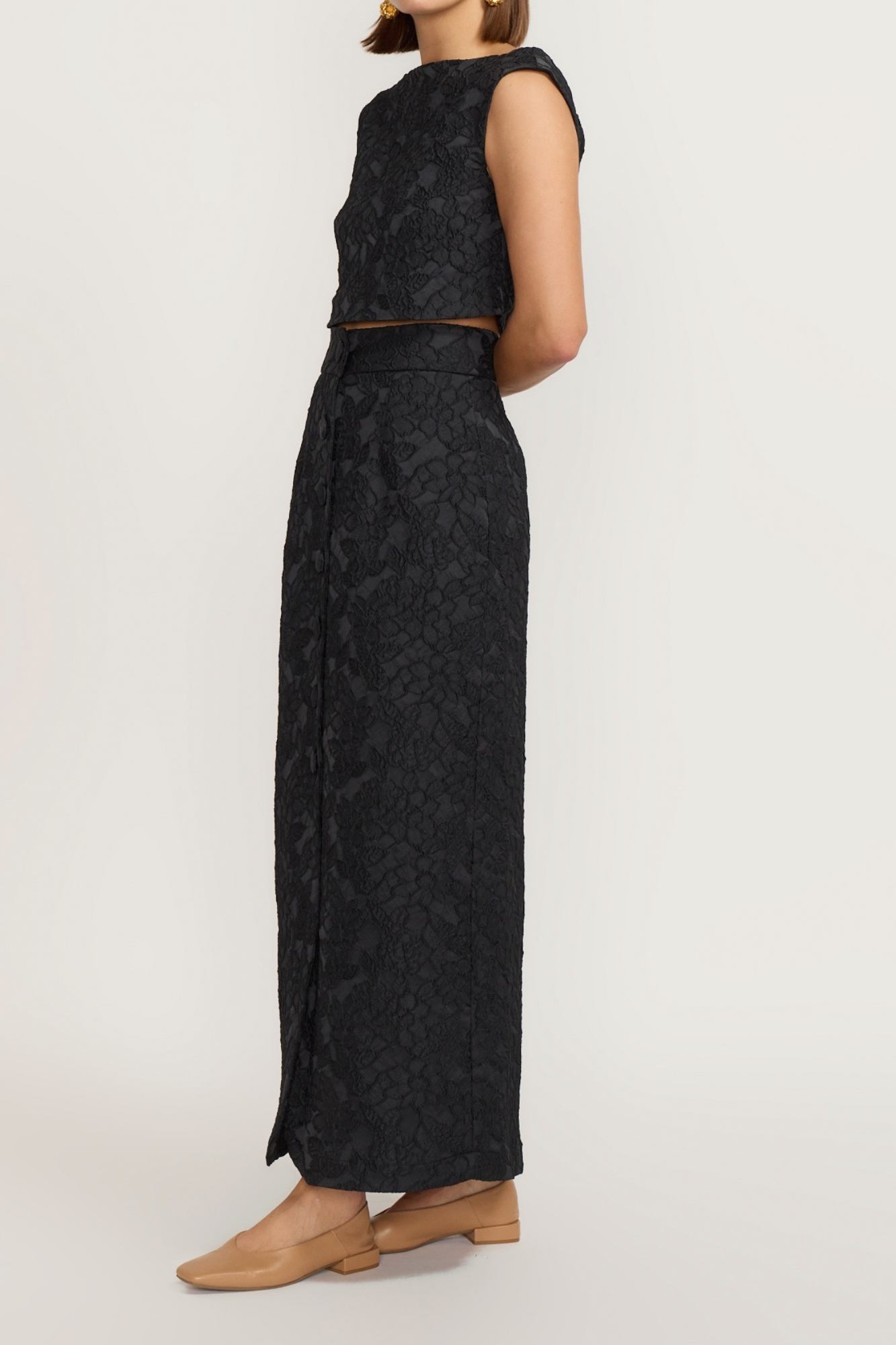 BLACK Embossed Button-Front Midi Skirt