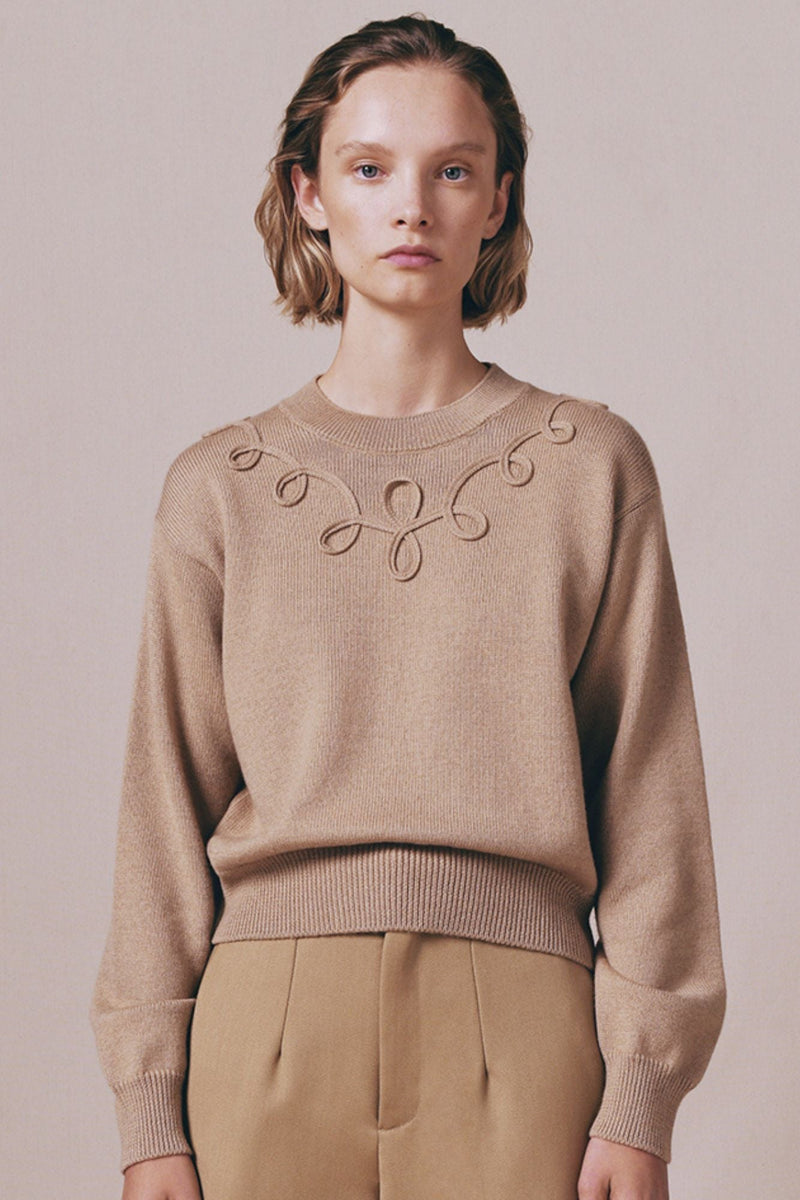 Camel Merino Wool Sweater With Embroidered Details