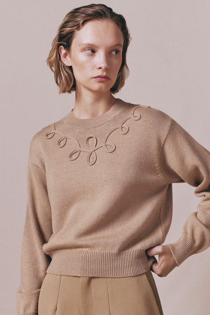 Camel Merino Wool Sweater With Embroidered Details