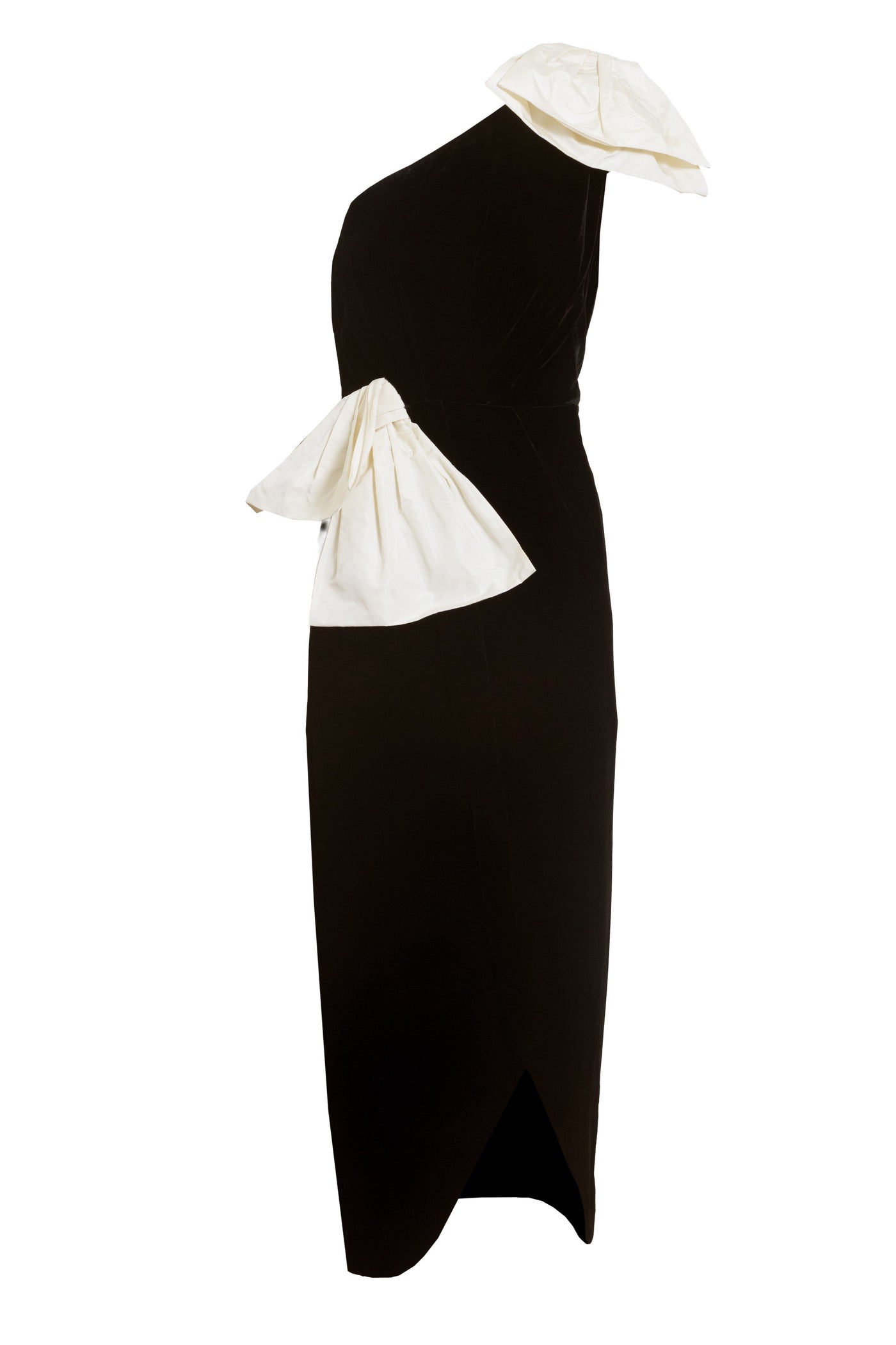 Black one-shoulder dress with white bow detail on a white background