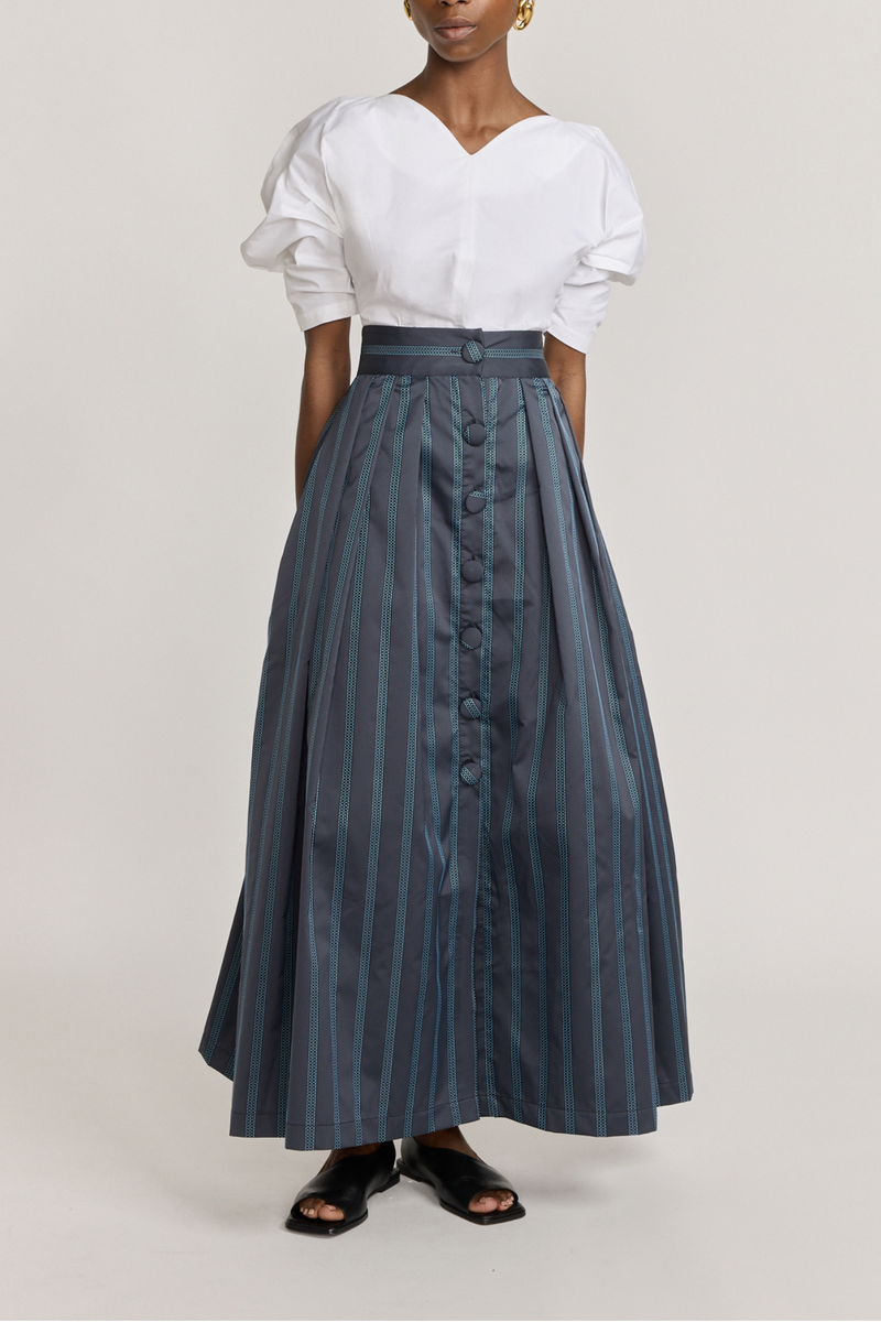 BLACK & CELESTE Satin Striped Maxi Skirt With Button Detail