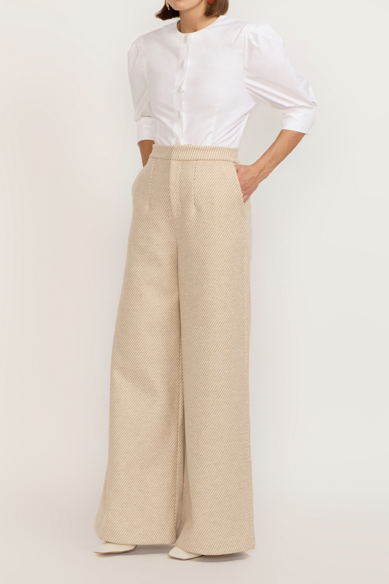 Diagonal Beige Wide-Leg High-Waisted Trousers