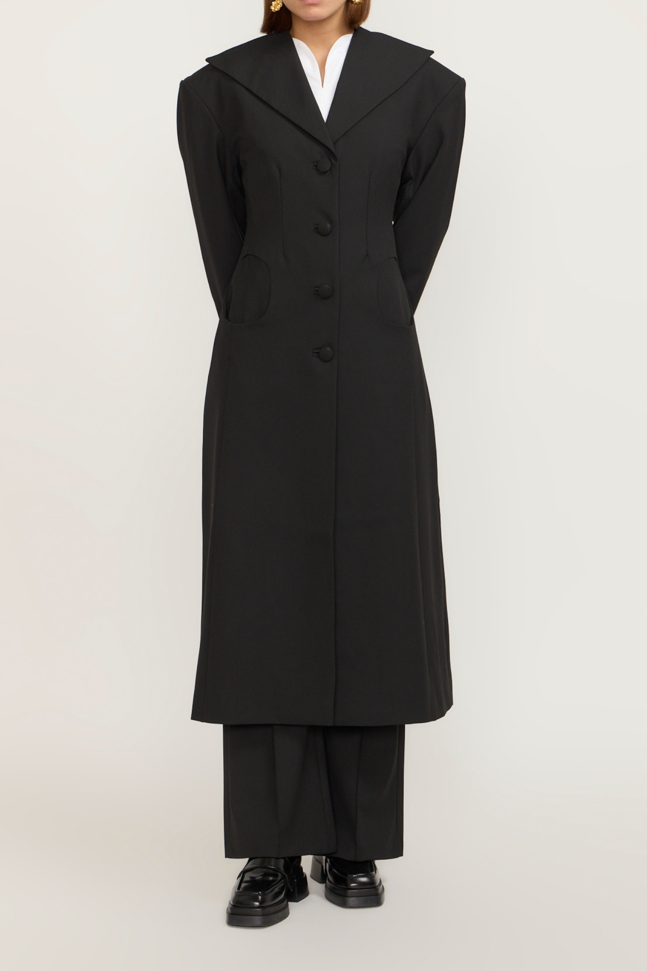 Tailor Black Long Coat With Shawl Collar and Button Details