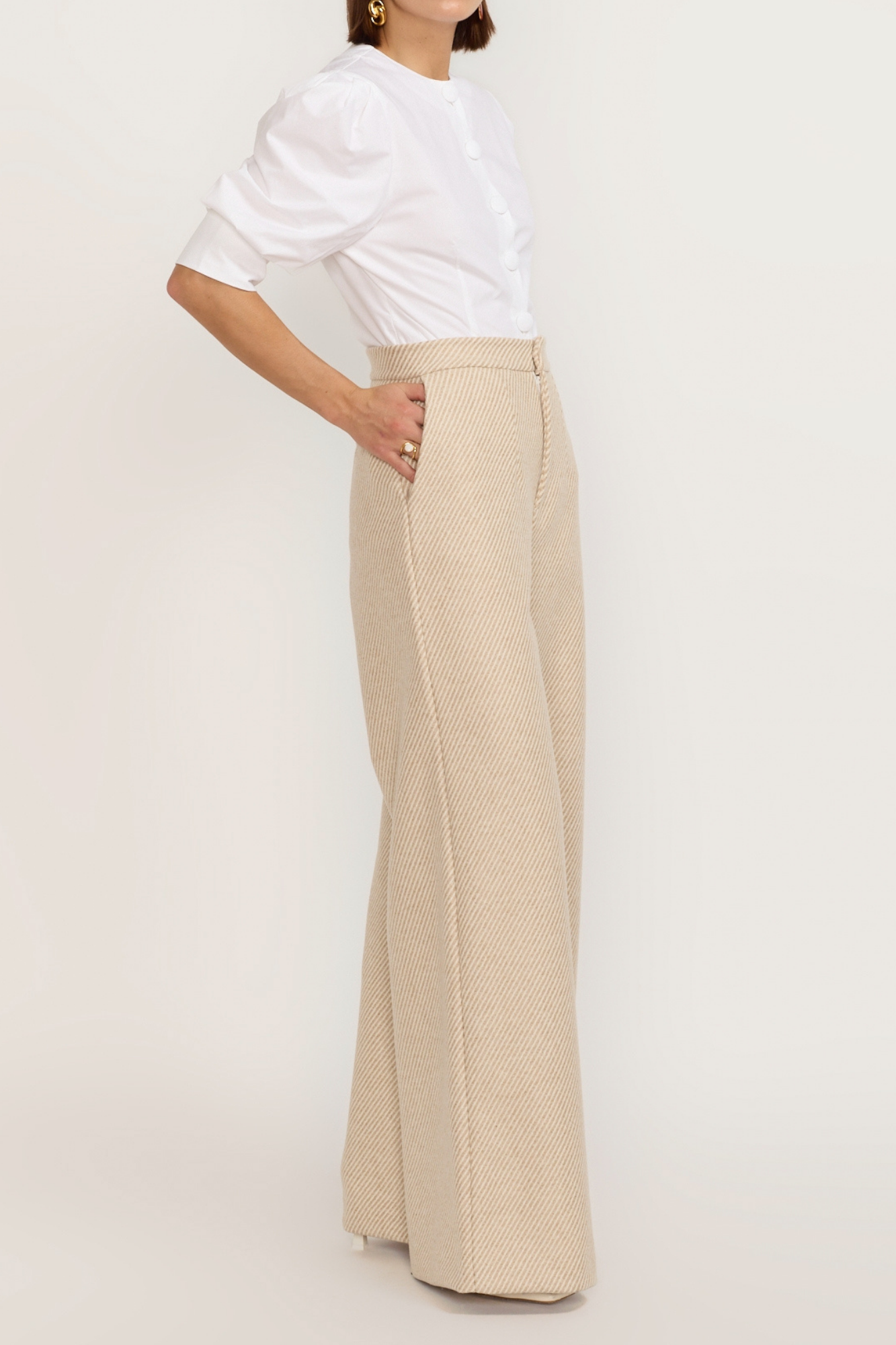 Diagonal Beige Wide-Leg High-Waisted Trousers