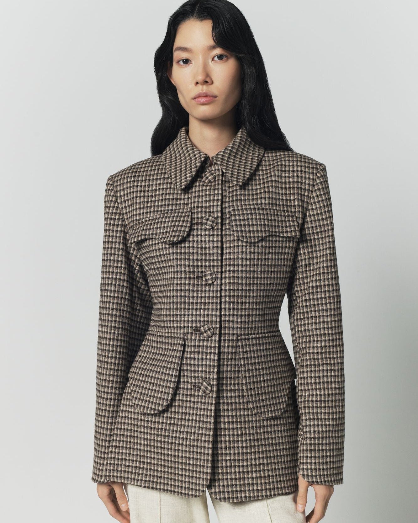 Beige and Brown Plaid Utility Button-Front Jacket