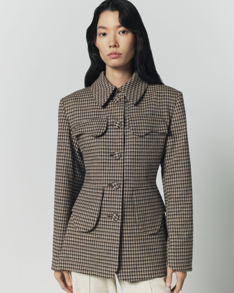 Beige and Brown Plaid Utility Button-Front Jacket