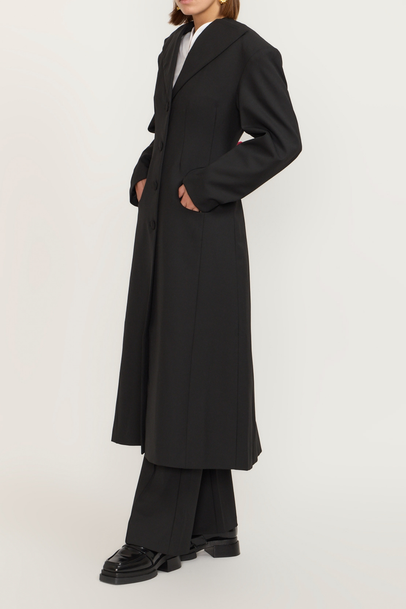 Tailor Black Long Coat With Shawl Collar and Button Details