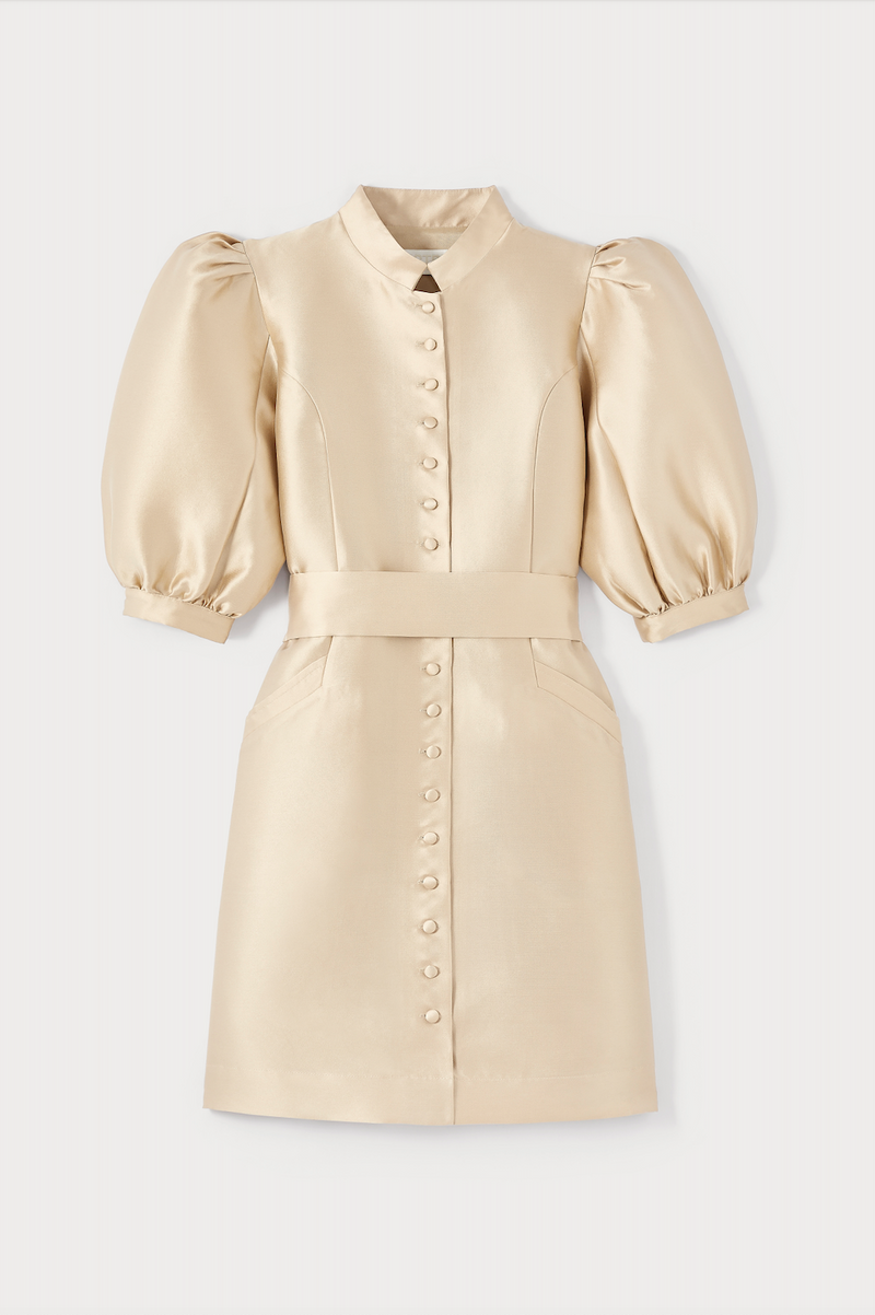 BEIGE Satin Puff Sleeve Mini Dress