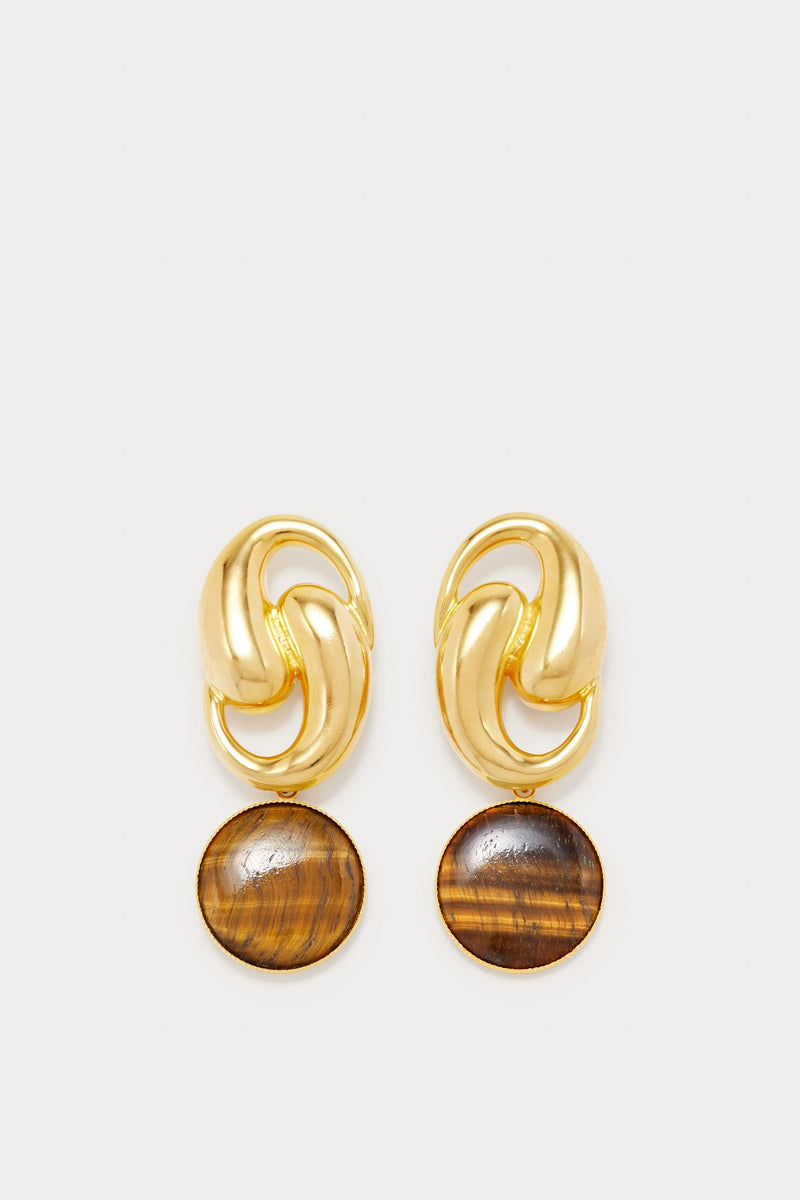 Gold-Plated Tiger Eye Round Drop Earrings