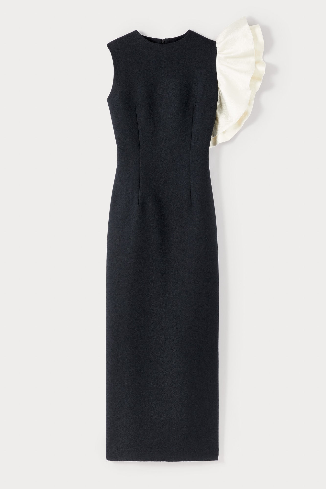 BLACK & WHITE Crepe Midi Dress With Asymmetric Ruffle Detail