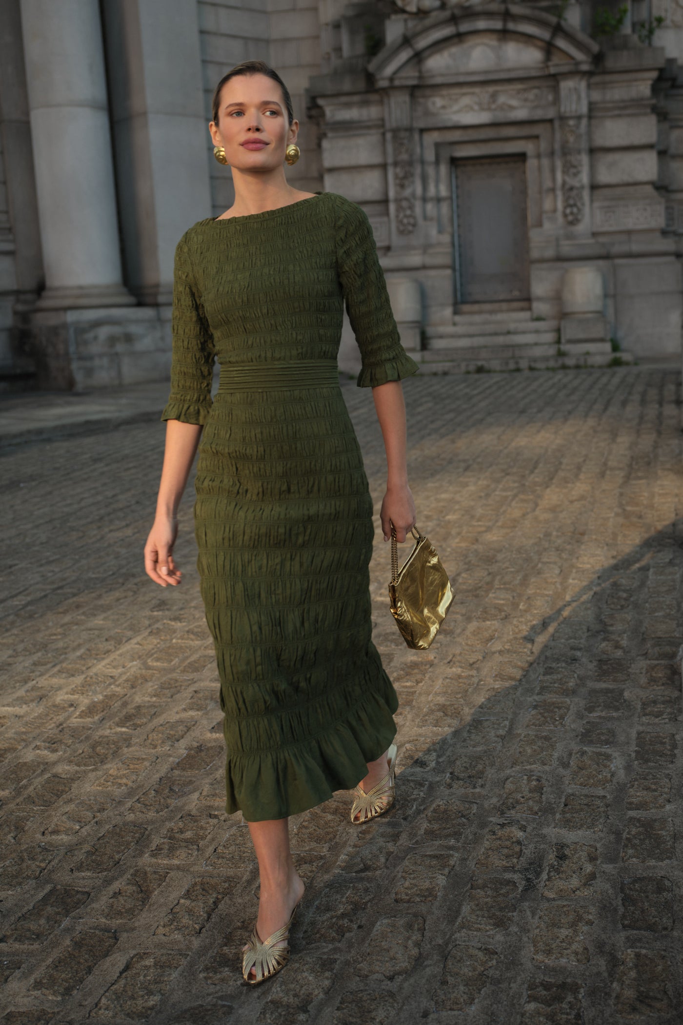 GRETTA RUCHED MIDI DRESS