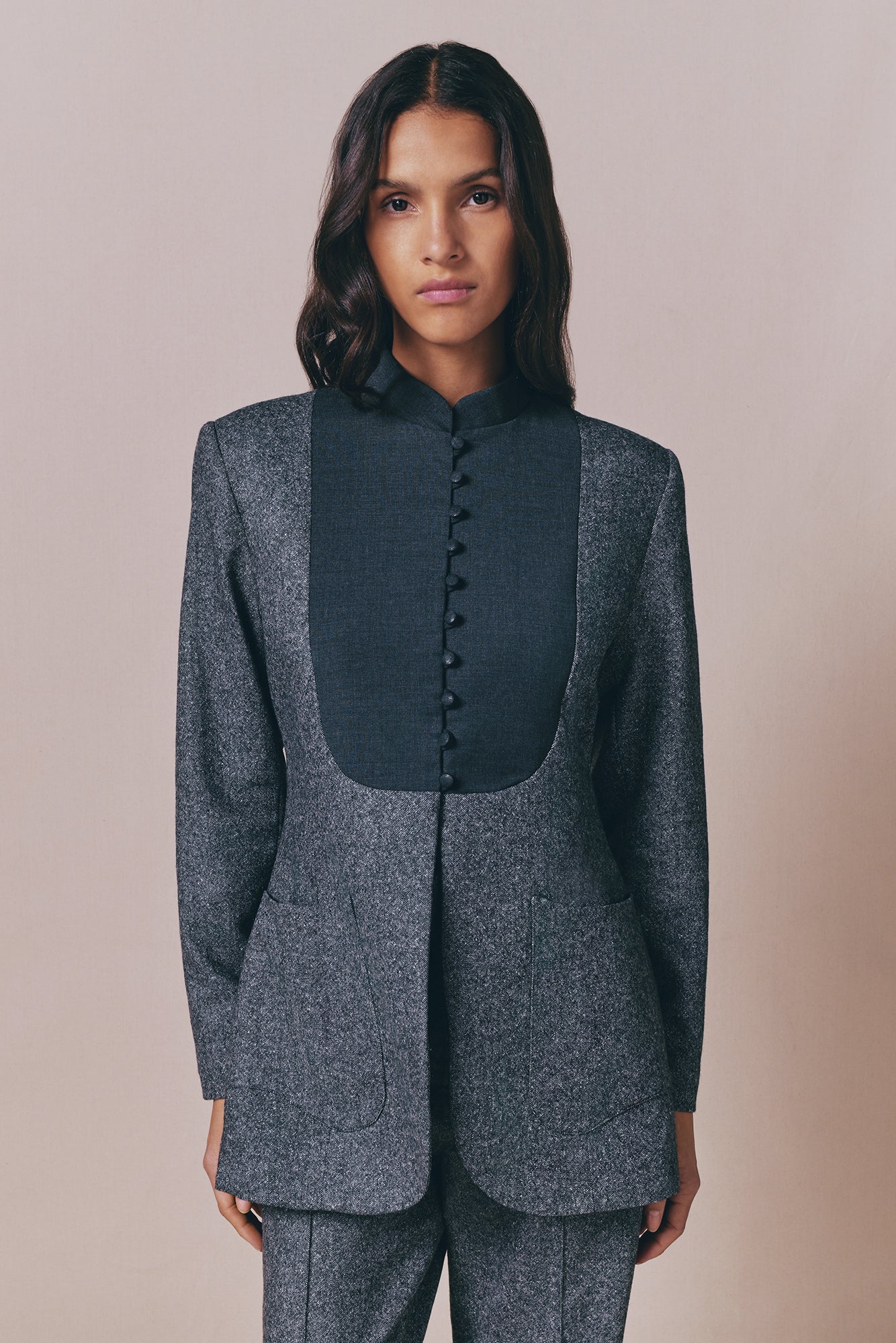 Grey Wool-Blend Jacket With Contrast Panel and Button Details