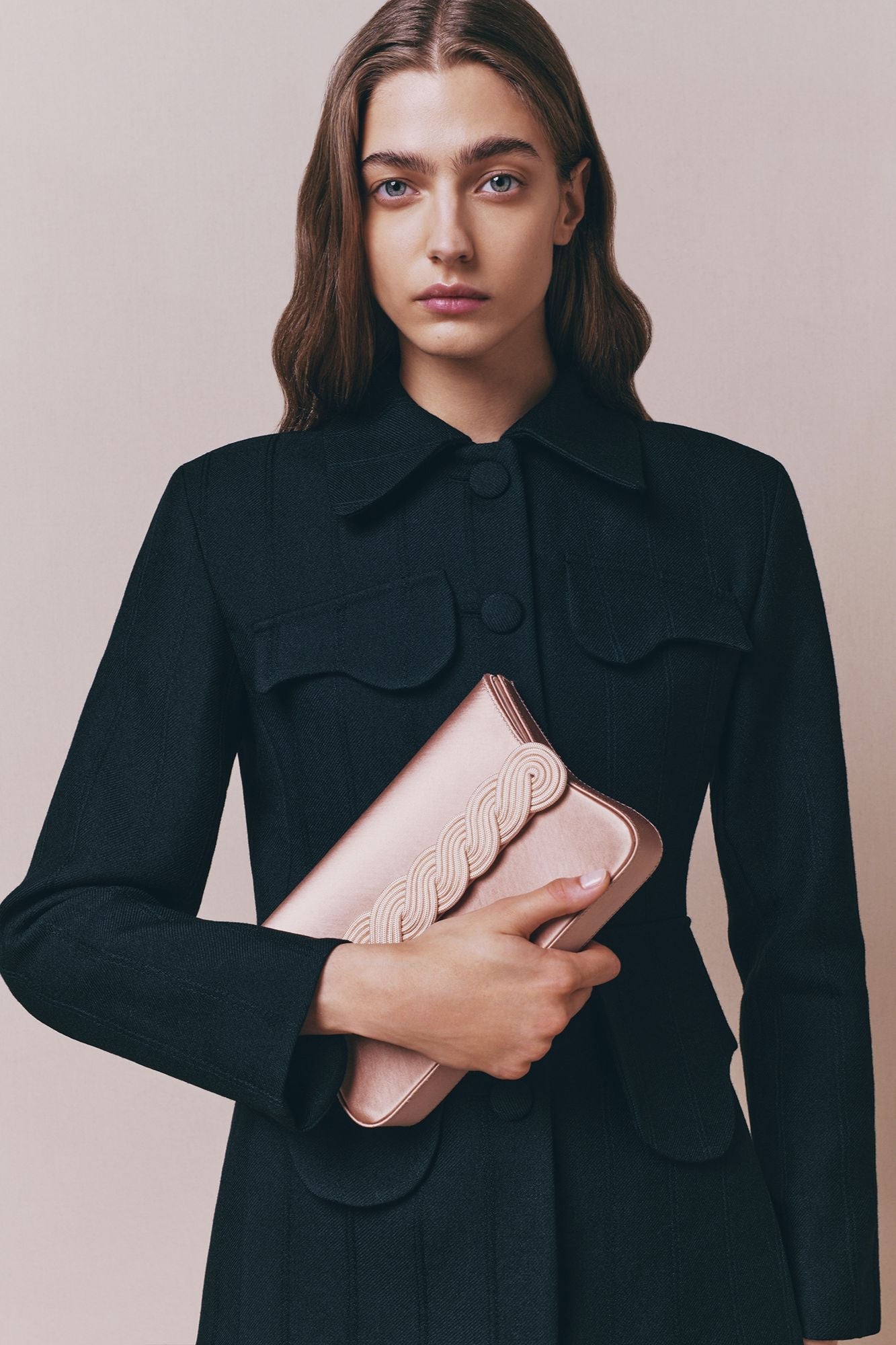 Nude Satin Clutch With Braided Passementerie
