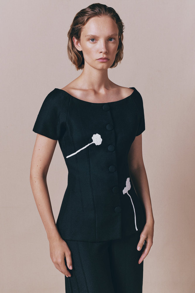 Black Virgin Wool Top With Floral Embroidery