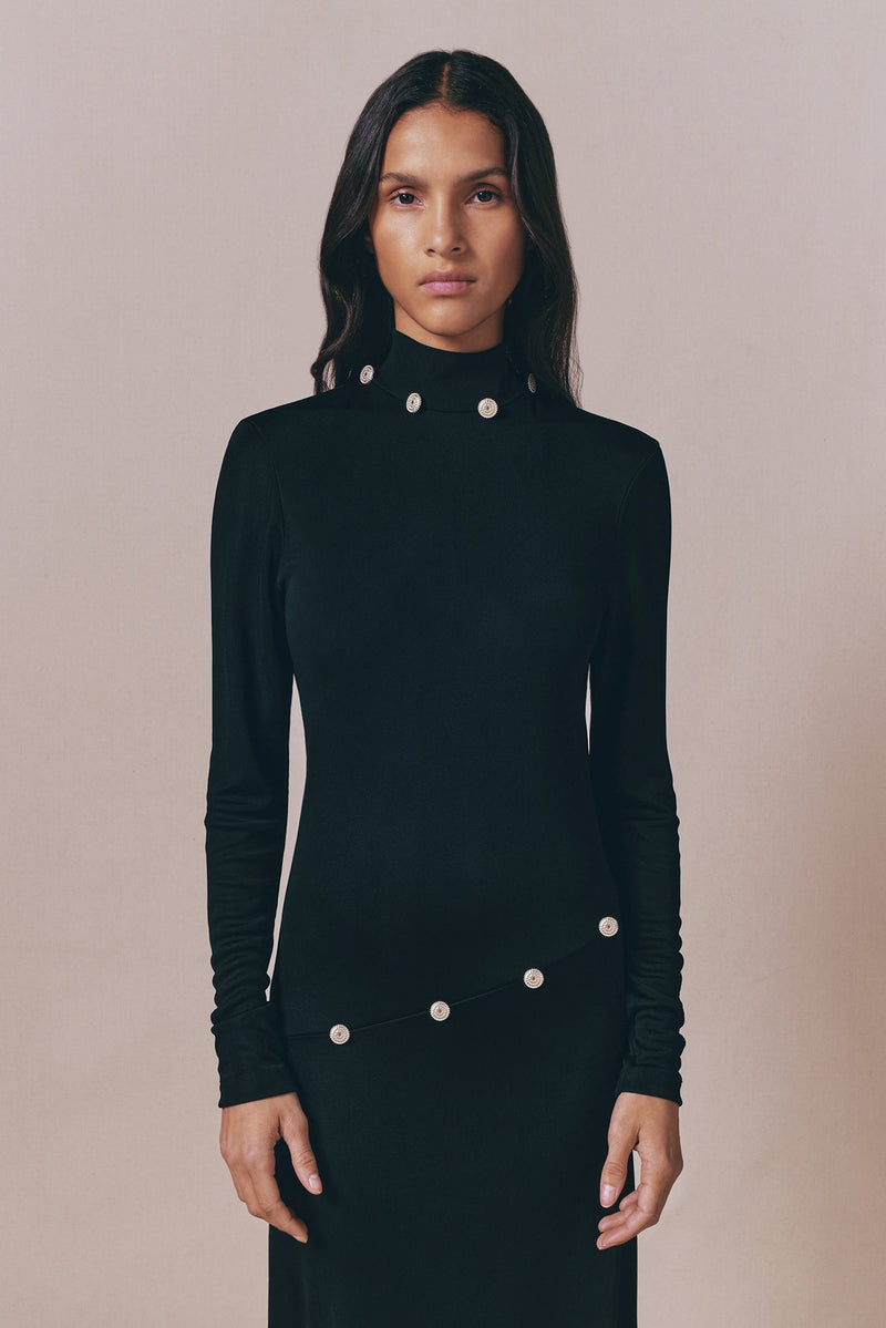 Black Long-Sleeve Dress With Button Details