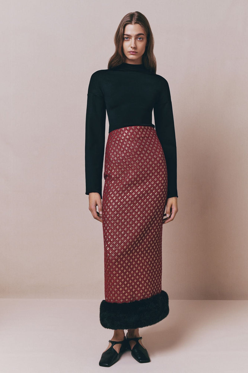 Burgundy & Gold Jacquard Skirt With Faux Fur Trim