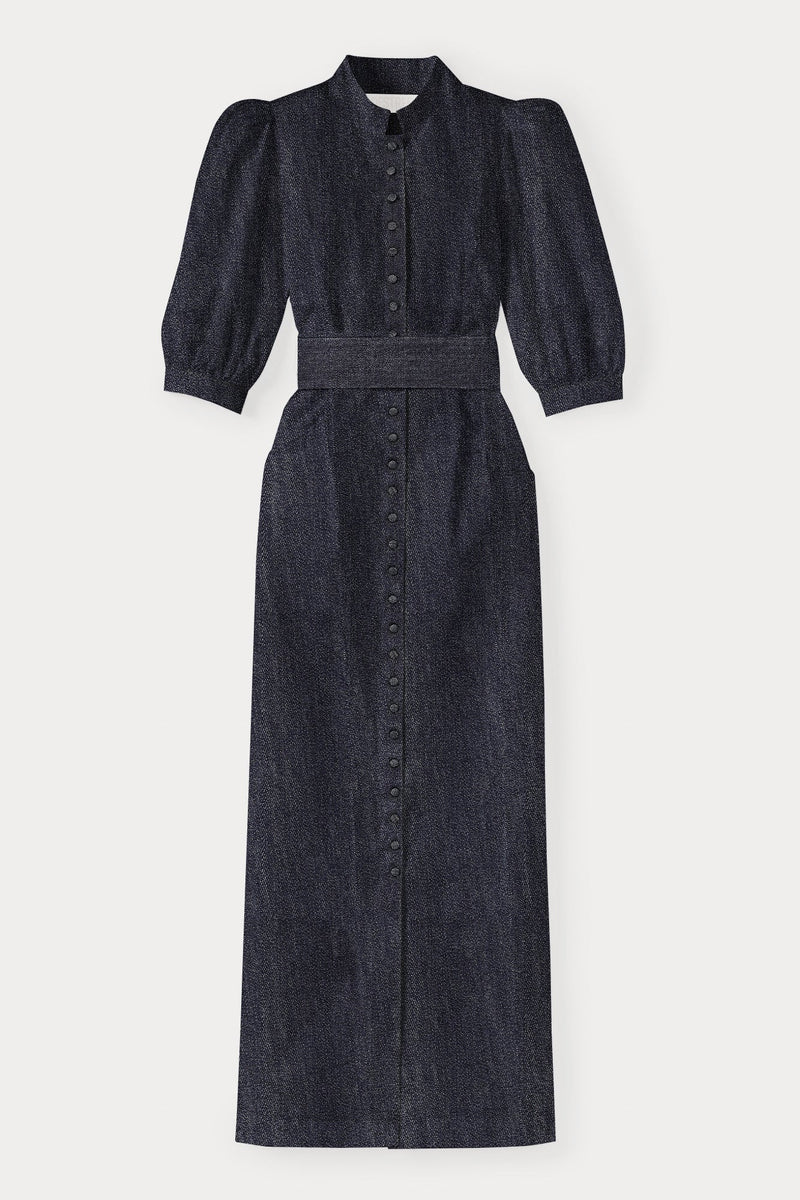 DARK BLUE Denim Puff Sleeve Long Dress