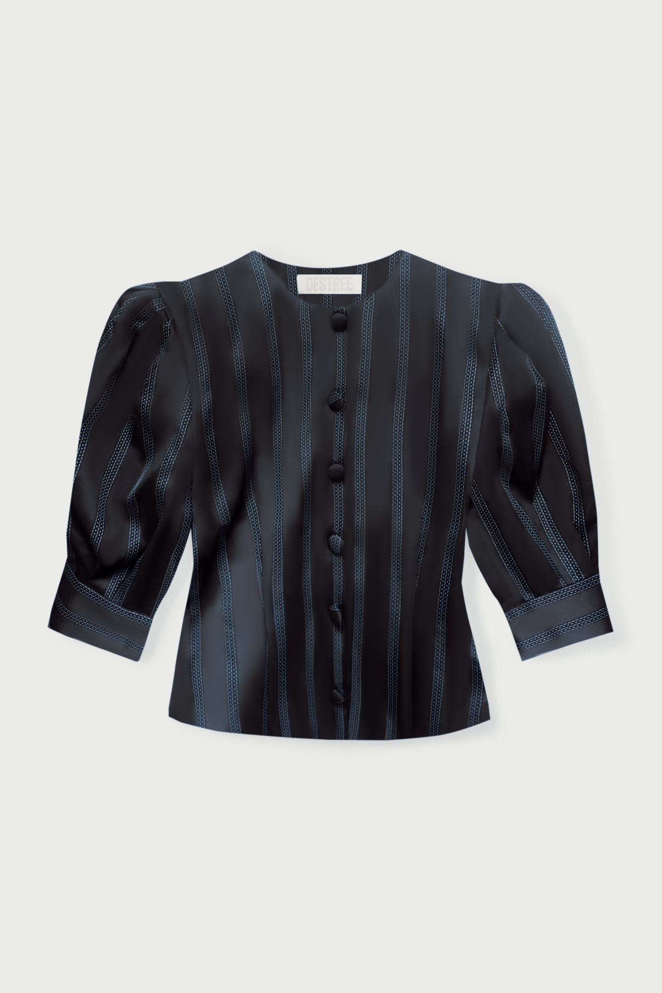 BLACK & CELESTE Satin Striped Blouse With Puff Sleeves