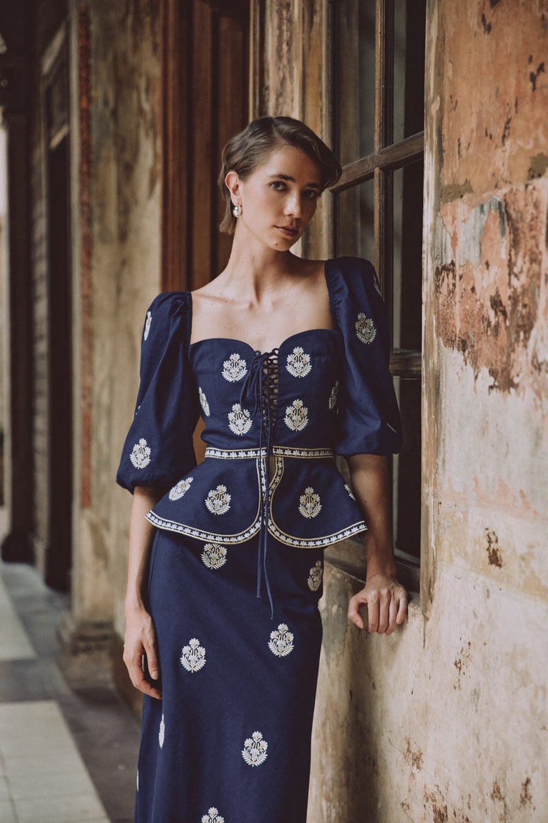 Mitra Lace Front Bustier - Navy & White