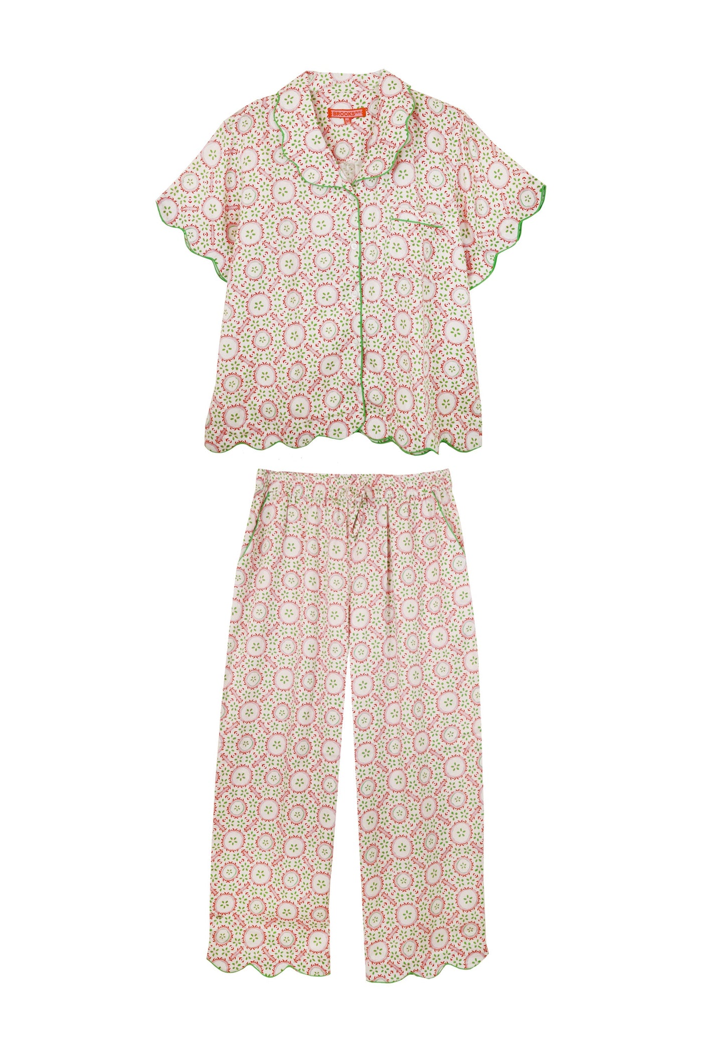 Scalloped Pajama Set Long Pant With Short Sleeve Top - Rosie