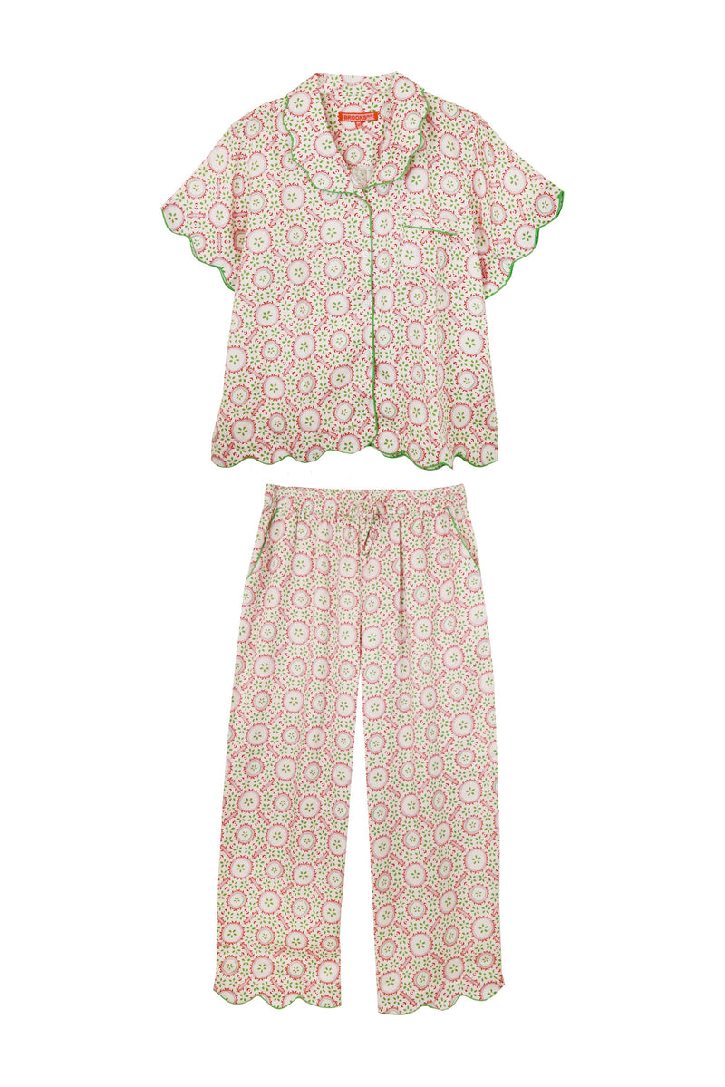 Scalloped Pajama Set Long Pant With Short Sleeve Top - Rosie