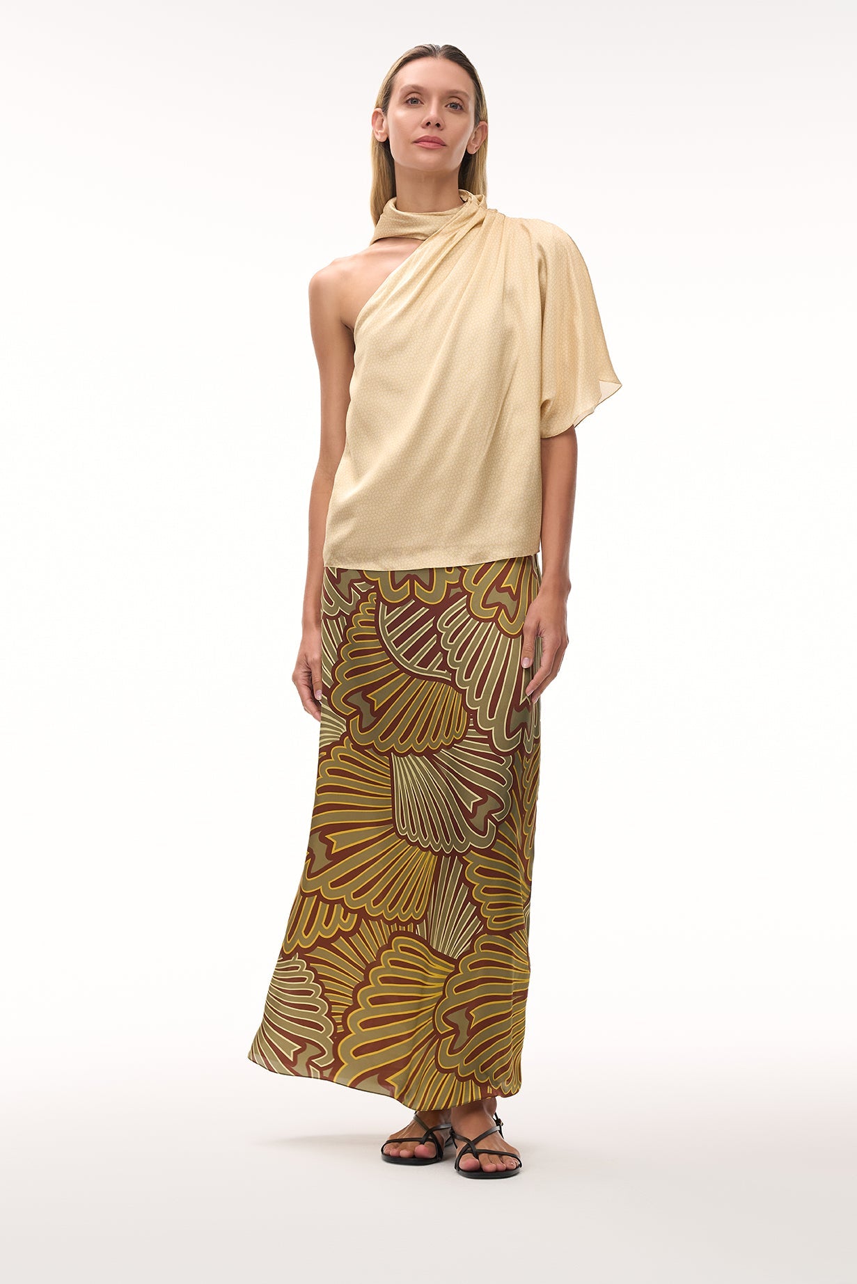 Carlota Satin Silk Maxi Skirt / Yellow Intricate Shells – Couper