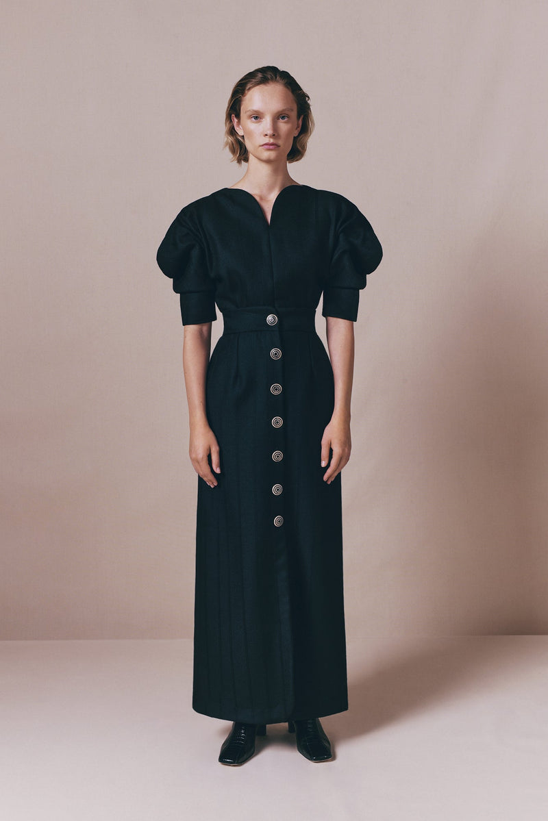 Black Virgin Wool Long Skirt With Refined Buttons