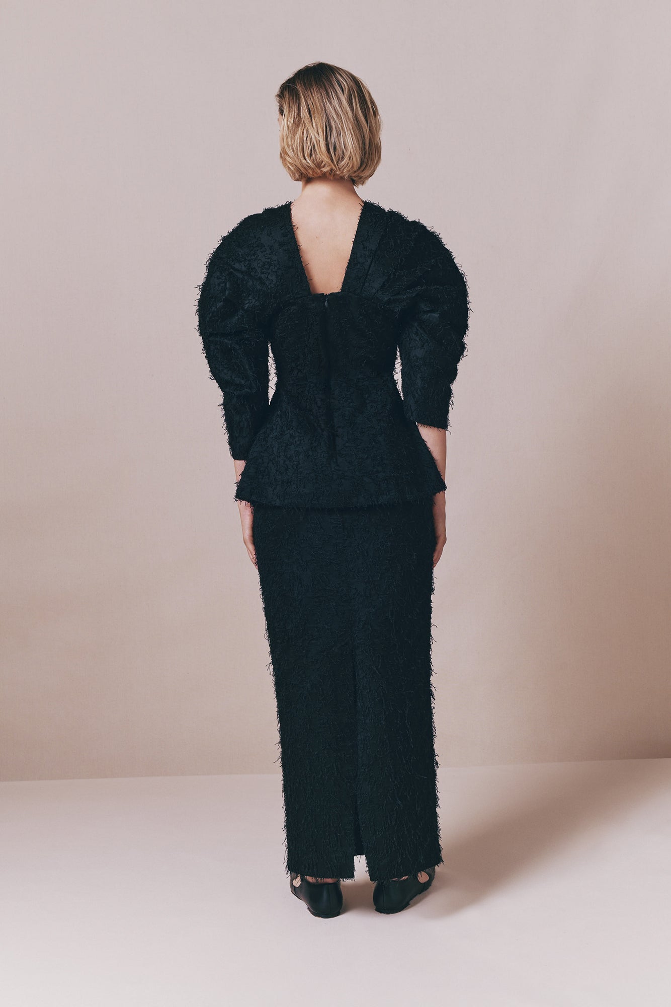 Black Textured Top With Structured Sleeves