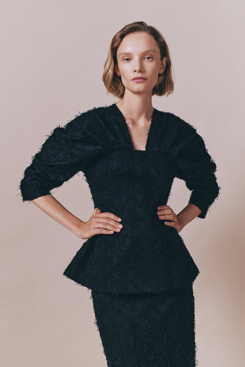 Black Textured Top With Structured Sleeves